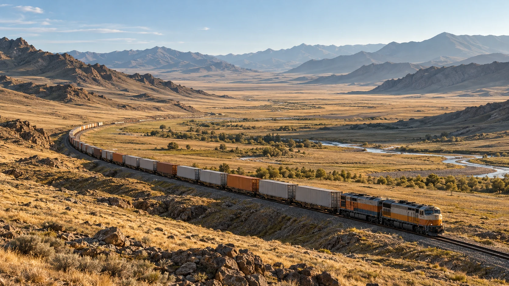 Freight containers crossing the open Mongolian steppe
